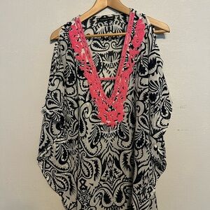 Navy and White Patterned swimsuit cover with pink beading